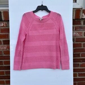 Talbots Pink Pointelle Knit Cotton Sweater Women Small Raglan Crew Neck Pullover